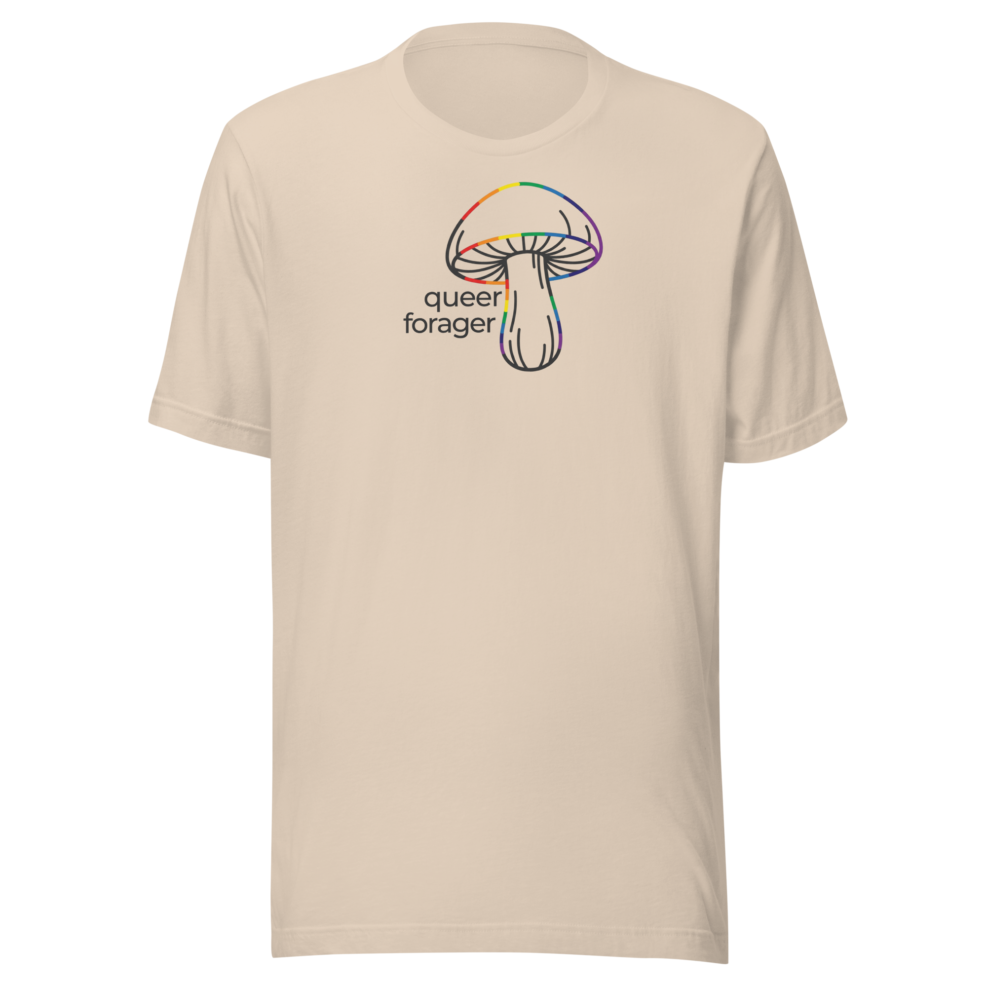Queer Forager next to rainbow mushroom on Bella + Canvas soft cream cotton unisex t-shirt. Upper center chest
