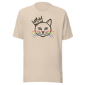 Cat head with a crown and rainbow whiskers graphic in black ink on soft Bella + Canvas beige cotton unisex tshirt. 