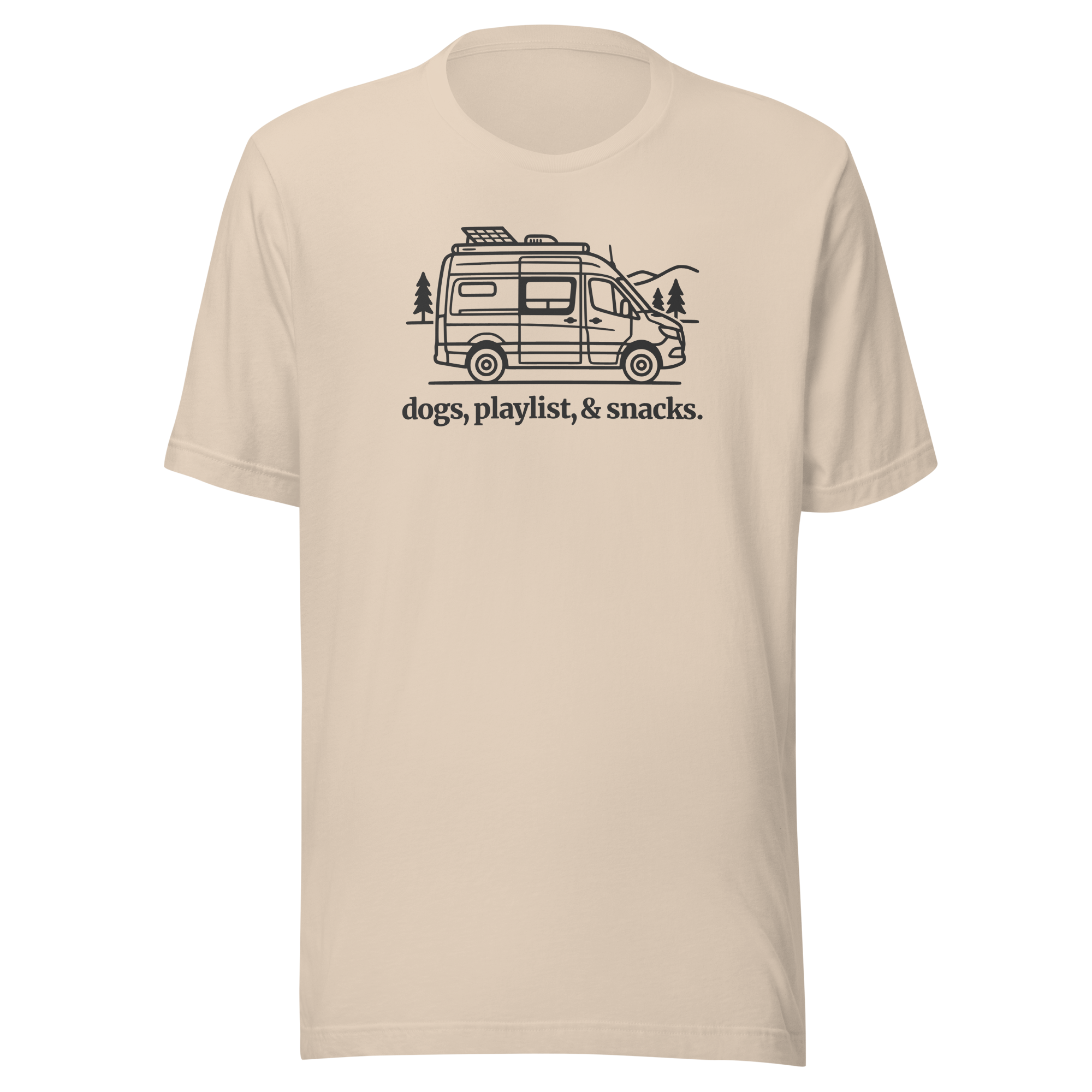 Rv/camper van silhouette  with typography  'dogs, playlist, snacks underneath. Printed on Bella + Canvas cotton beige tshirt. Center chest