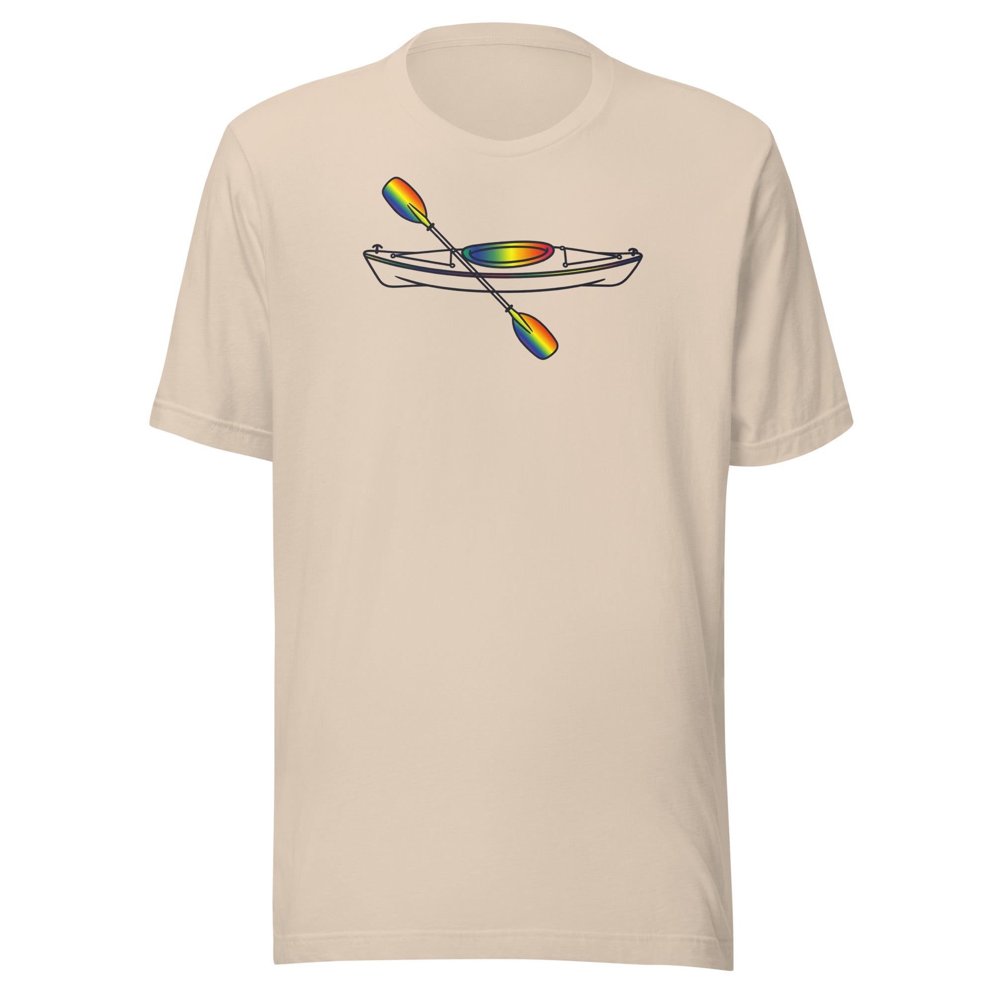Kayak with rainbow accent on Bella + Canvas unisex  cotton soft cream beige tshirt. Center chest