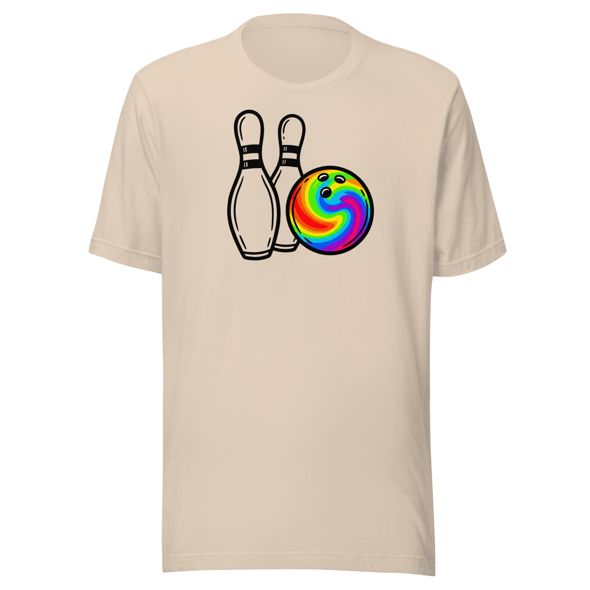 Rainbow bowling ball and two pins on Bella + Canvas unisex  cotton soft cream beige tshirt. Center chest