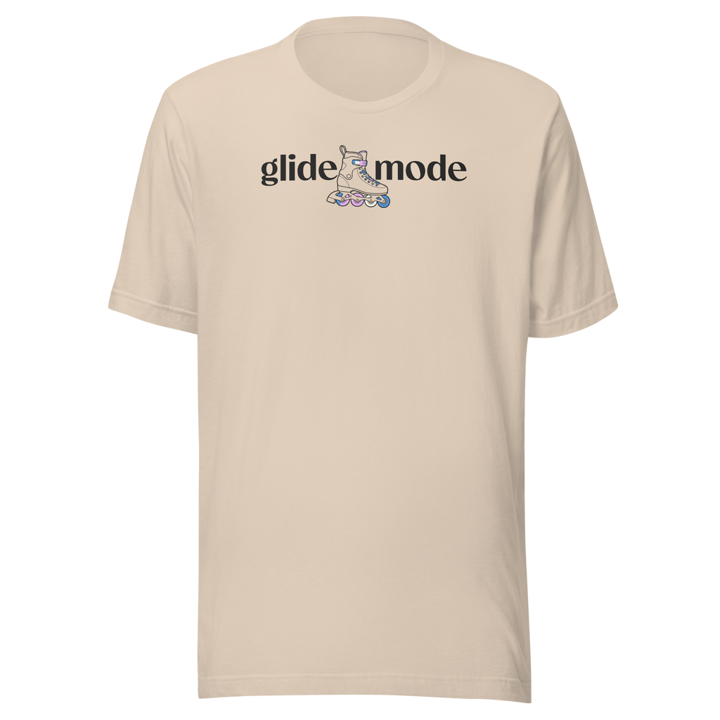 Coded LGBTQ+ glide mode typography shirt with minimal inline skate icon with white, pink, and blue accent. Unisex Bella + Canvas cotton.