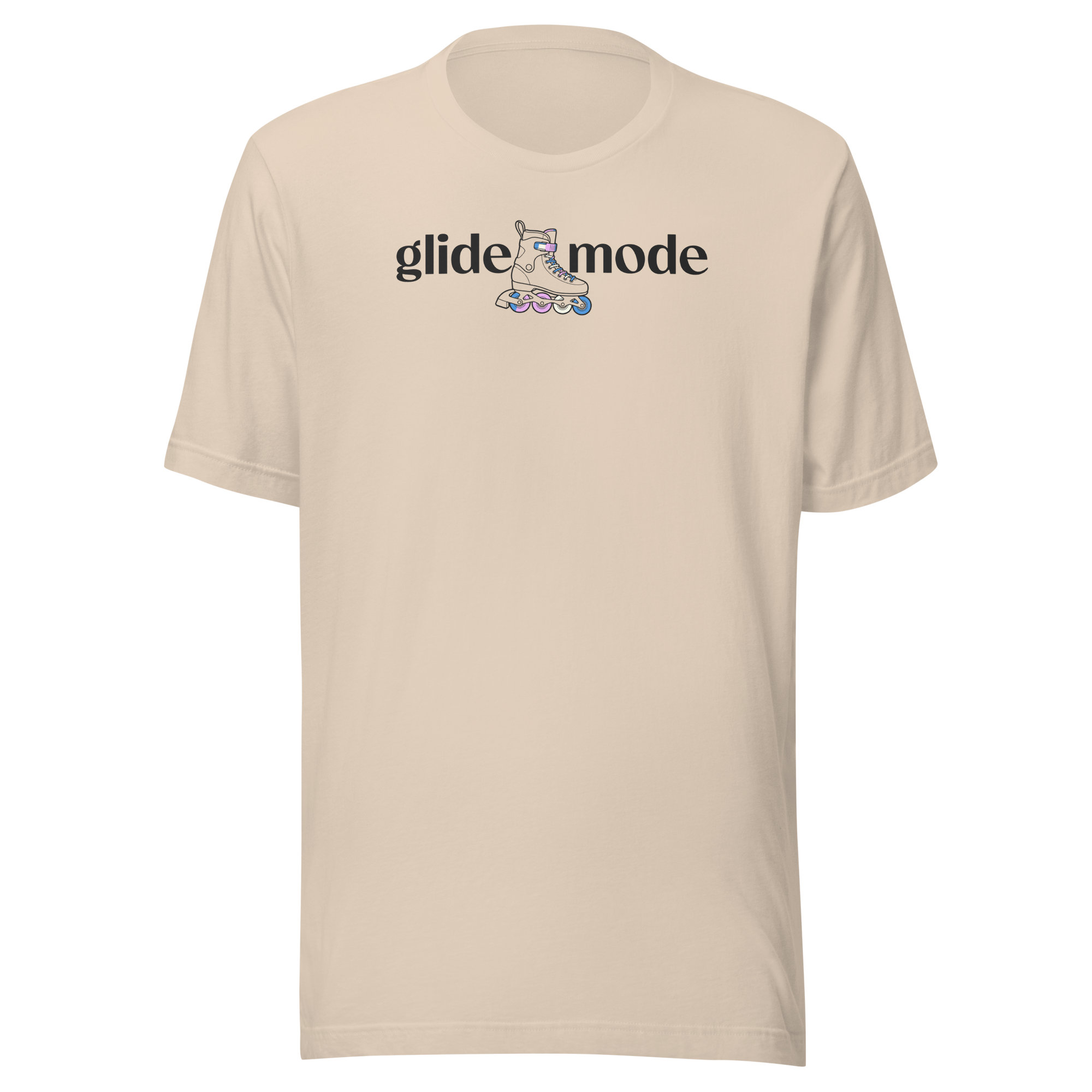 Coded LGBTQ+ glide mode typography shirt with minimal inline skate icon with white, pink, and blue accent. Unisex Bella + Canvas cotton.