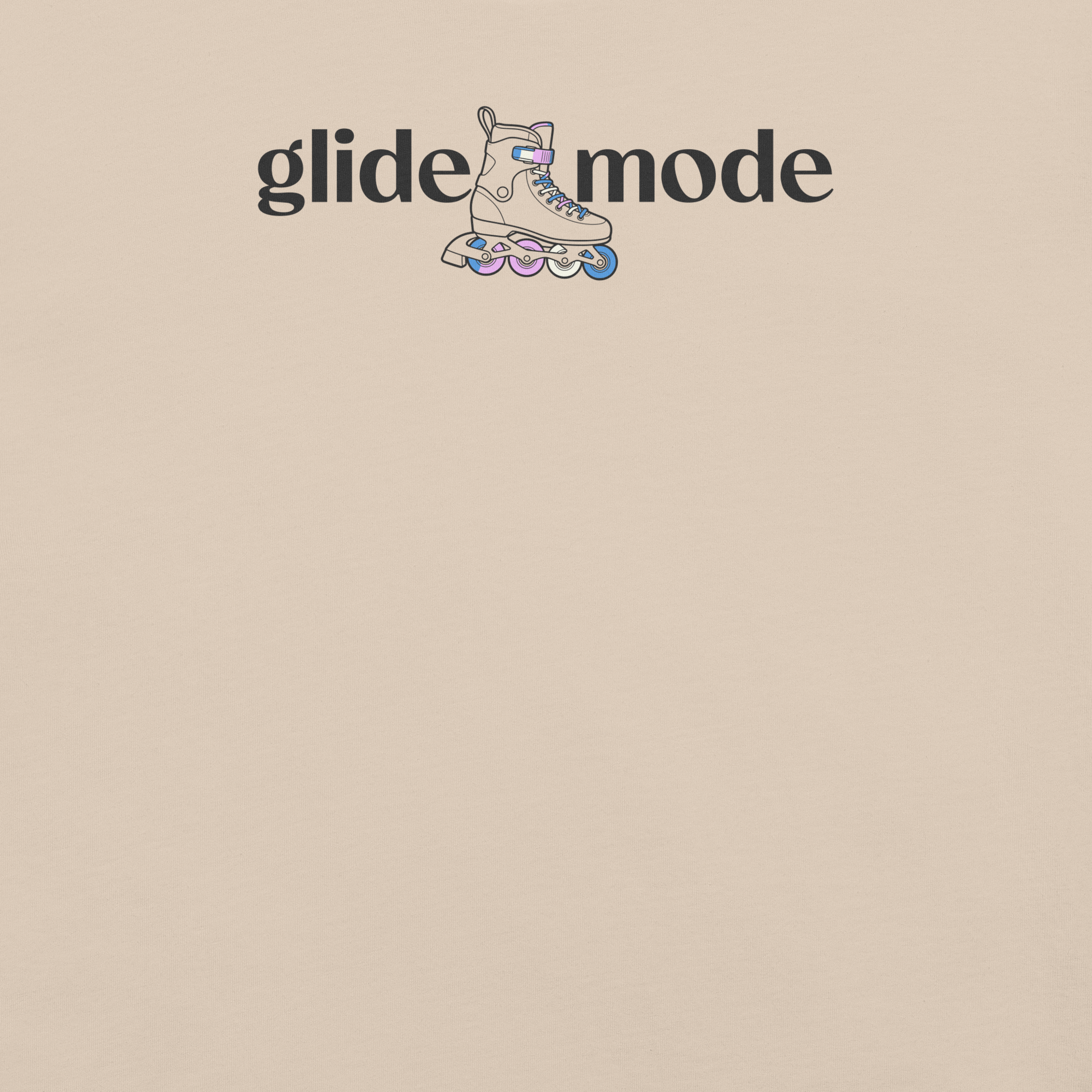 Coded LGBTQ+ glide mode typography shirt with minimal inline skate icon with white, pink, and blue accent. Unisex Bella + Canvas cotton. Close up.