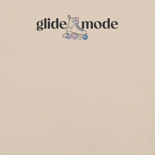 Coded LGBTQ+ glide mode typography shirt with minimal inline skate icon with white, pink, and blue accent. Unisex Bella + Canvas cotton. Close up.