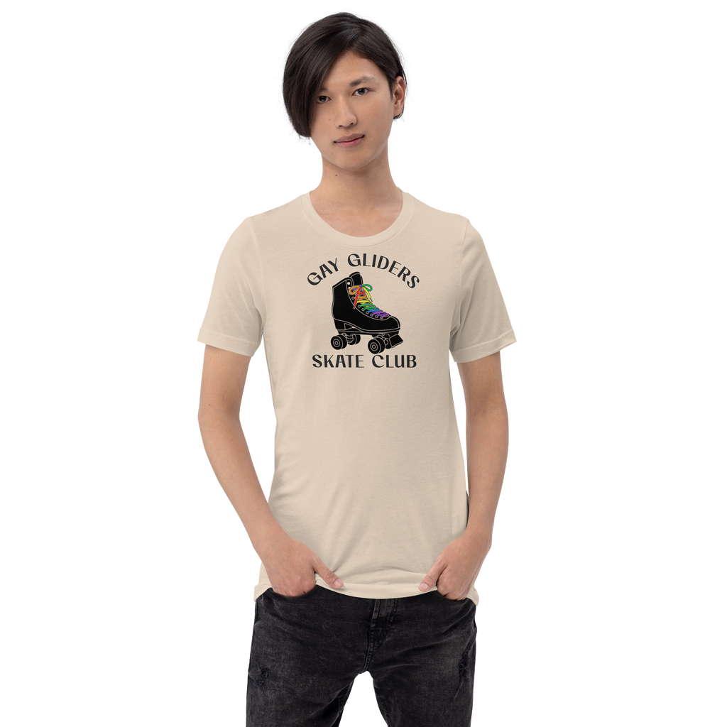 Model wearing Badge style Gay Gliders Skate Club. Classic Black skate with LGBTQ+ rainbow laces. Unisex beige Bella + Canvas cotton tee.