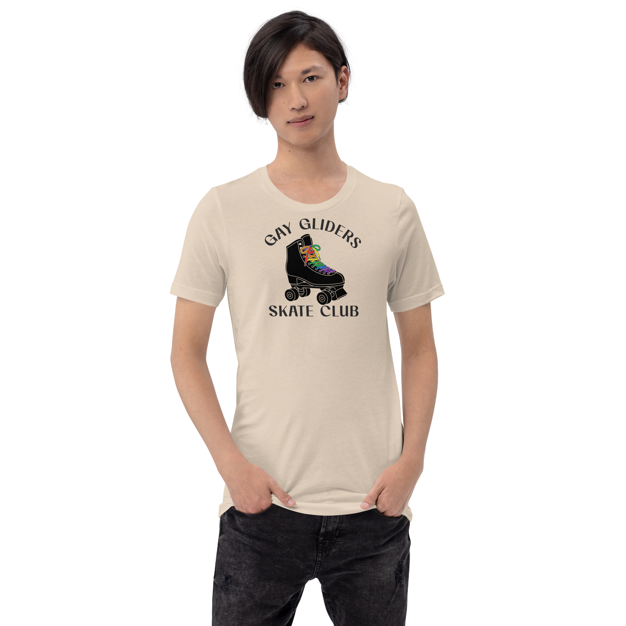 Model wearing Badge style Gay Gliders Skate Club. Classic Black skate with LGBTQ+ rainbow laces. Unisex beige Bella + Canvas cotton tee.