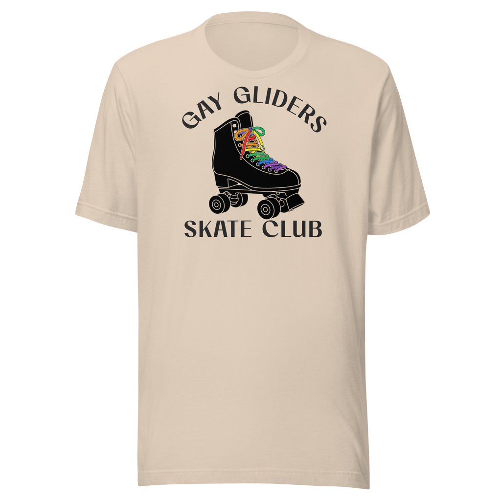 Badge style Gay Gliders Skate Club. Classic Black skate with LGBTQ+ rainbow laces. Unisex beige Bella + Canvas cotton tee.