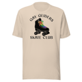 Badge style Gay Gliders Skate Club. Classic Black skate with LGBTQ+ rainbow laces. Unisex beige Bella + Canvas cotton tee.