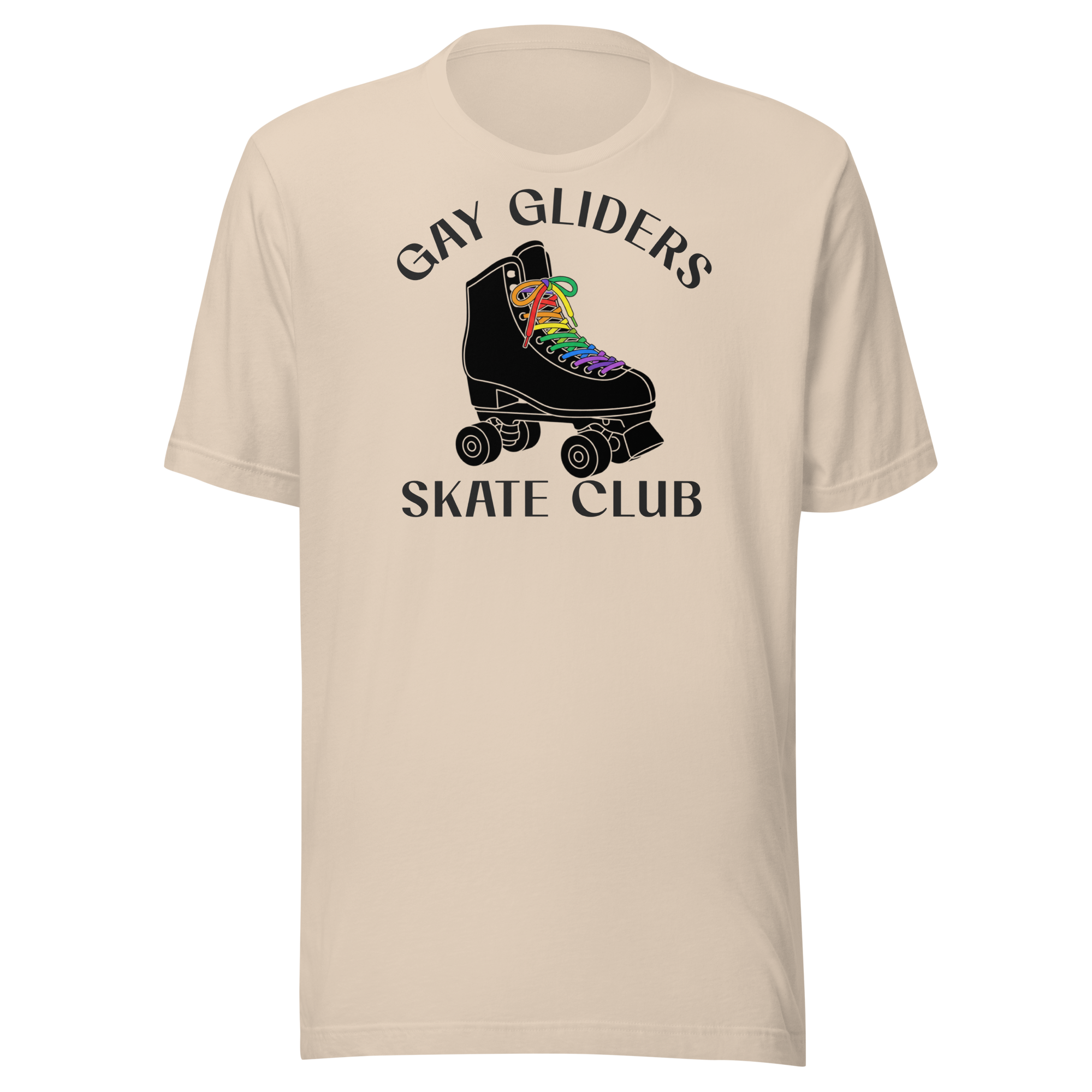 Badge style Gay Gliders Skate Club. Classic Black skate with LGBTQ+ rainbow laces. Unisex beige Bella + Canvas cotton tee.