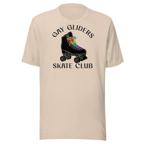 Badge style Gay Gliders Skate Club. Classic Black skate with LGBTQ+ rainbow laces. Unisex beige Bella + Canvas cotton tee.