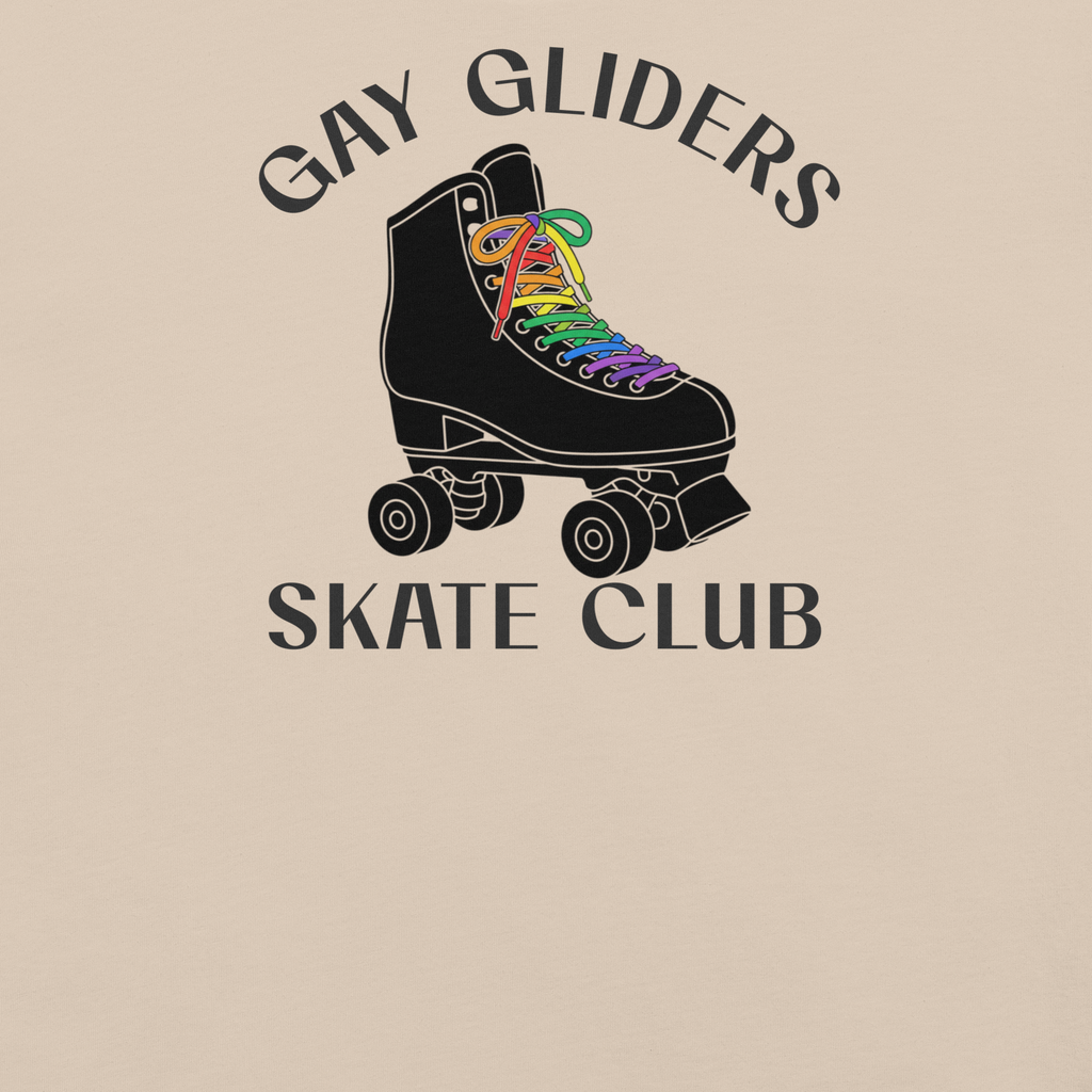 Close up of badge style Gay Gliders Skate Club. Classic Black skate with LGBTQ+ rainbow laces. Unisex beige Bella + Canvas cotton tee.
