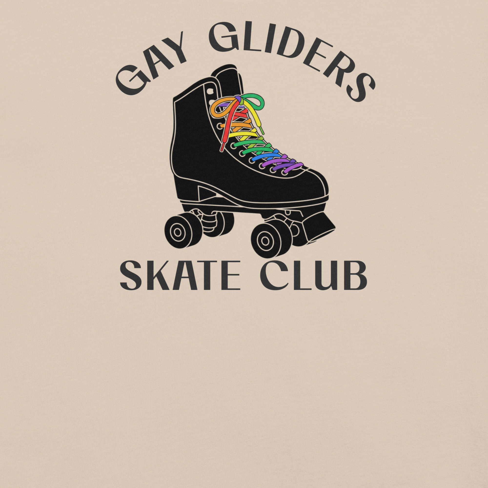 Close up of badge style Gay Gliders Skate Club. Classic Black skate with LGBTQ+ rainbow laces. Unisex beige Bella + Canvas cotton tee.