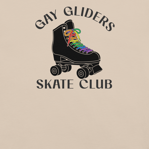 Close up of badge style Gay Gliders Skate Club. Classic Black skate with LGBTQ+ rainbow laces. Unisex beige Bella + Canvas cotton tee.