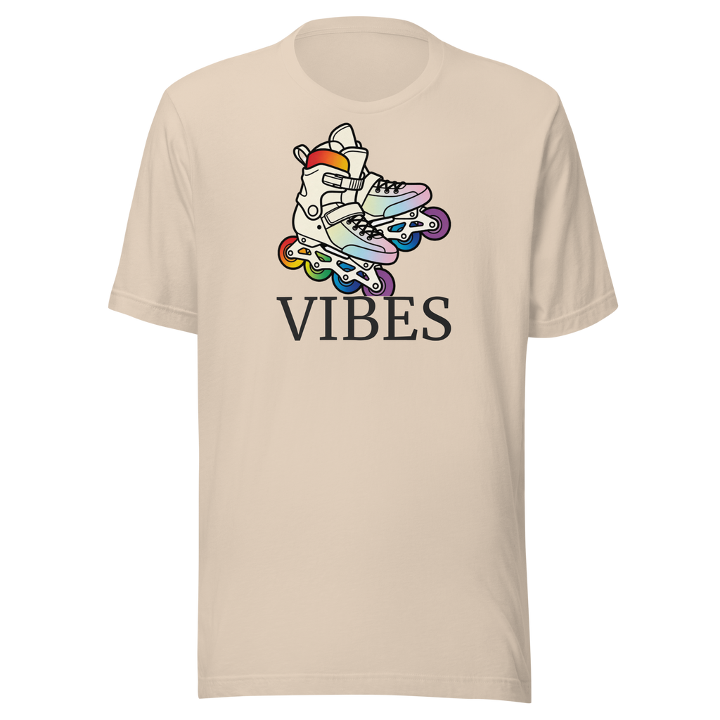 2 inline skates in LGBTQ+ rainbow colors above VIBES text. Beige Bella + Canvas Cotton. 