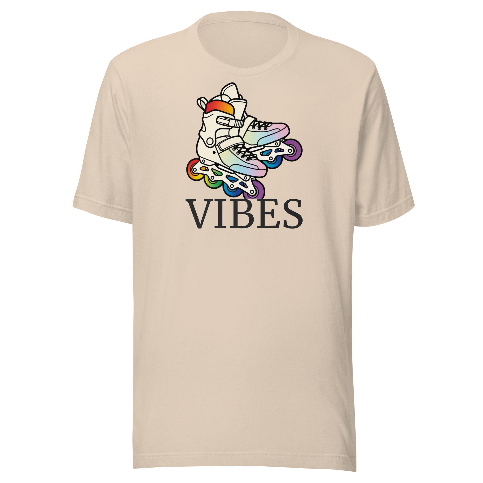 2 inline skates in LGBTQ+ rainbow colors above VIBES text. Beige Bella + Canvas Cotton. 