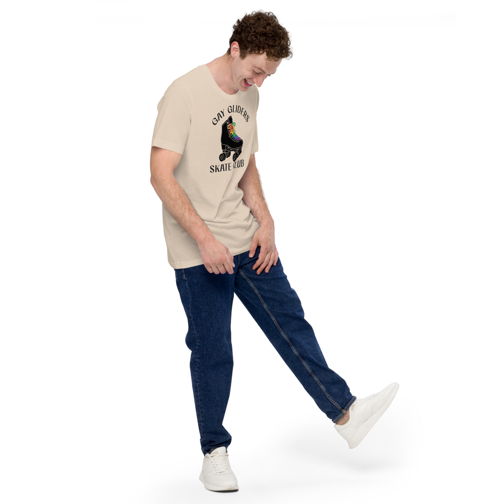 Model wearing badge style Gay Gliders Skate Club. Classic Black skate with LGBTQ+ rainbow laces. Unisex beige Bella + Canvas cotton tee.