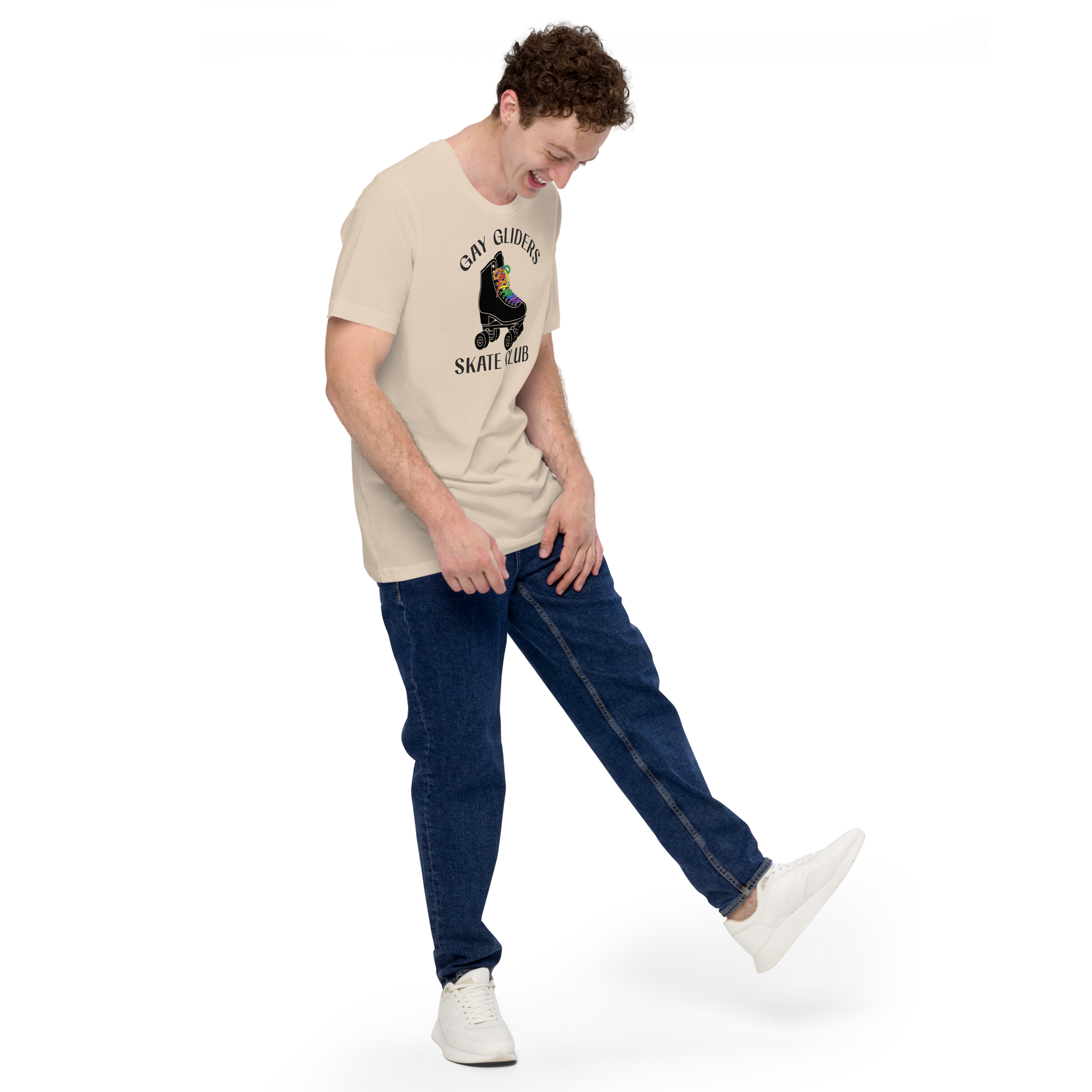 Model wearing badge style Gay Gliders Skate Club. Classic Black skate with LGBTQ+ rainbow laces. Unisex beige Bella + Canvas cotton tee.